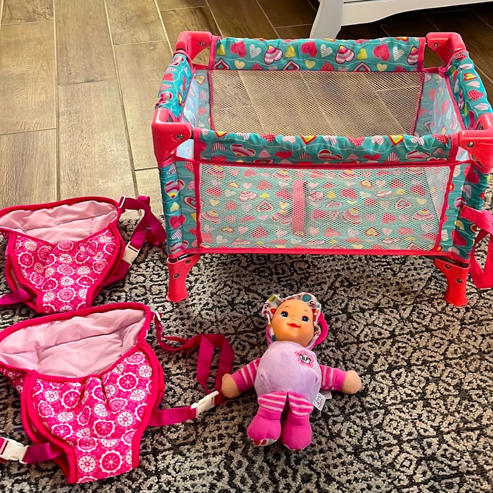 Baby doll carriers and pack n play with doll